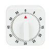 A white square mechanical kitchen timer with a red indicator needle and numbered scale.