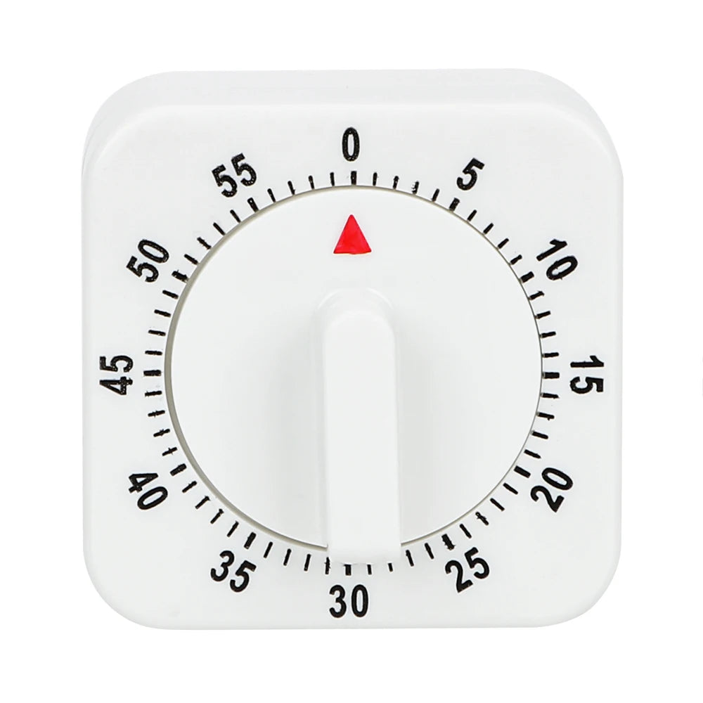 A white square mechanical kitchen timer with a red indicator needle and numbered scale.