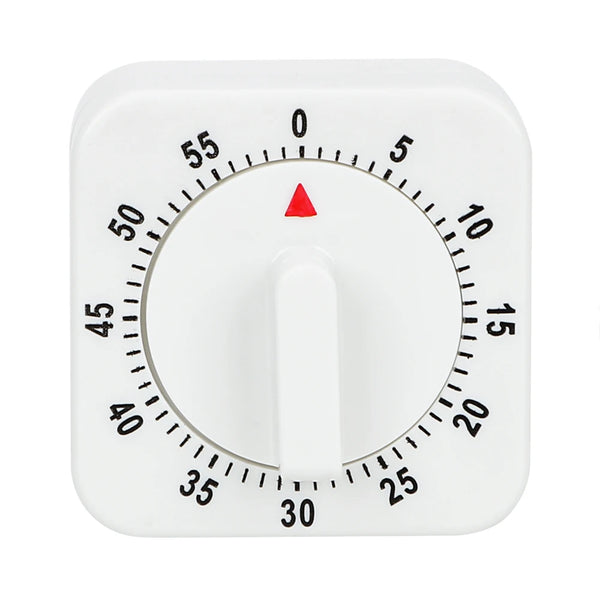 Weißes quadratisches mechanisches Küchen-Timer mit rotem Zeiger und nummerierter Skala.