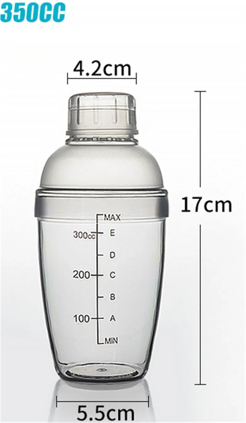 A clear plastic cocktail shaker bottle with volume markings and a screw cap.