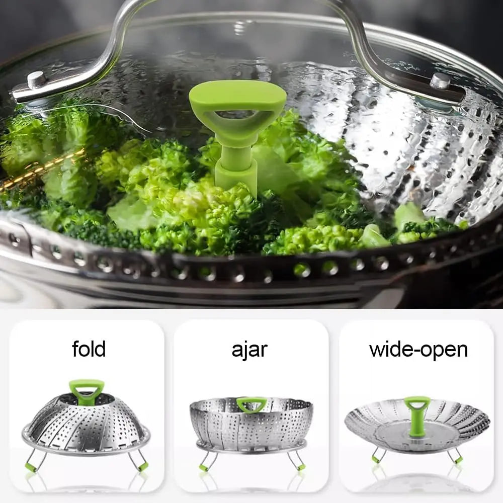 A foldable stainless steel steamer basket with an expandable lotus design shown in various modes.