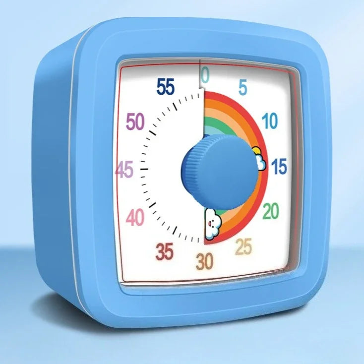 A blue visual timer with a circular gauge showing time remaining for study and focus.