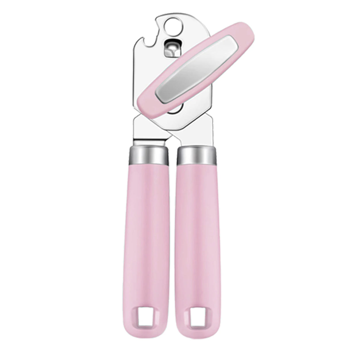 Ergonomic heavy duty manual can opener in pink and silver.