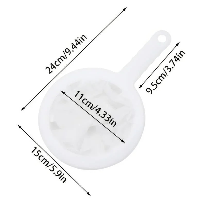 White multi-mesh fine strainer with a handle, shown with various dimensions.