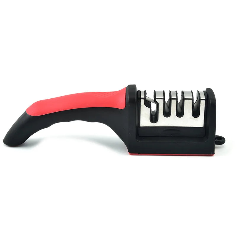 A black and red handheld knife sharpener with multiple sharpening blades.