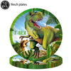 A set of ten 9-inch dinosaur plates featuring a T-Rex and a smaller dinosaur in a jungle setting.