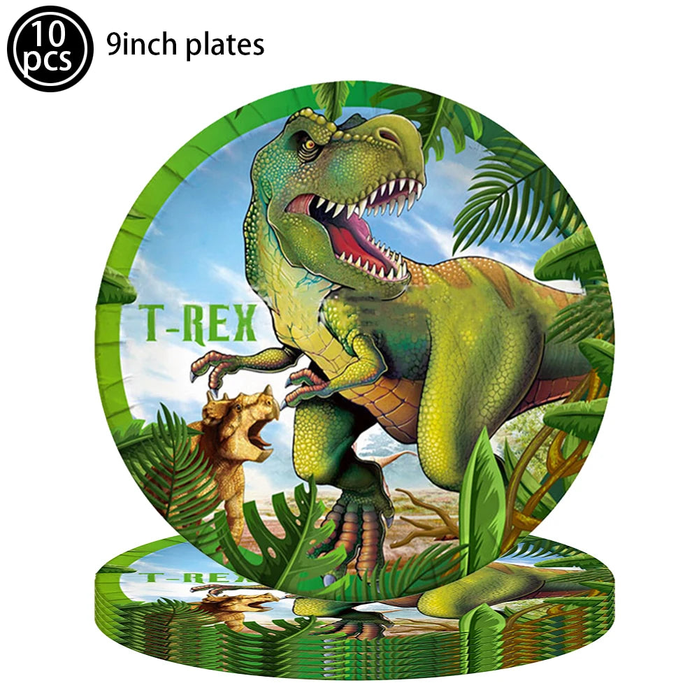 A set of ten 9-inch dinosaur plates featuring a T-Rex and a smaller dinosaur in a jungle setting.
