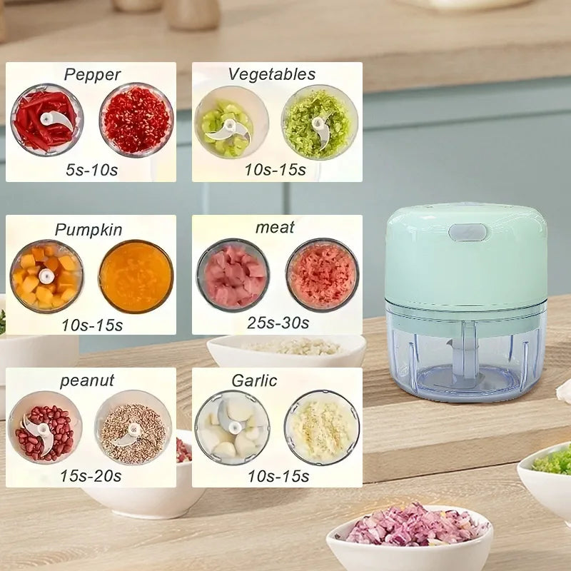 A collection of food preparation videos showing how to chop and grind ingredients like pepper, vegetables, meat, peanut, and 
