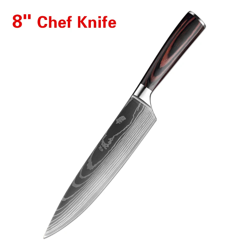 A close-up view of an 8 inch Damascus chef knife with a dark wood handle and silver blade.