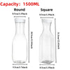 Clear plastic water bottle with round and square designs, 1500ml capacity.