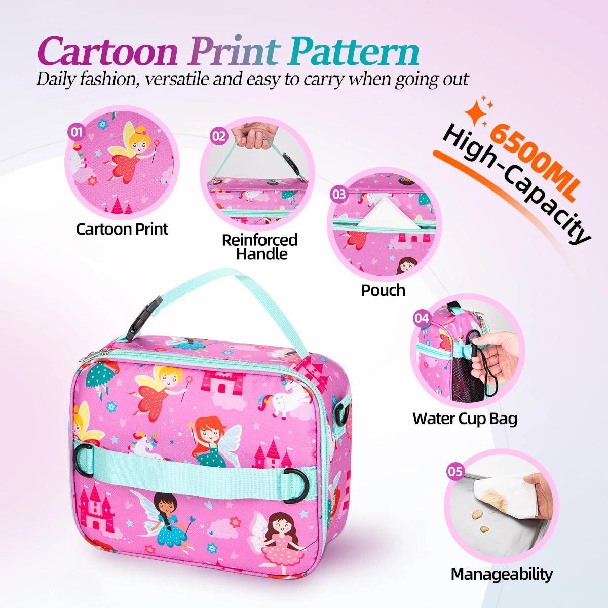Pochette boîte bento enfant imprimée rose pour voyage avec poignée renforcée et rangement pour tasse à eau