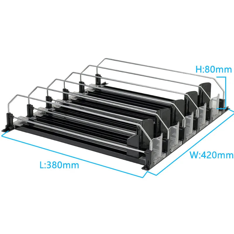 Black spring-loaded organizer rack with multiple slots for storing cans and bottles