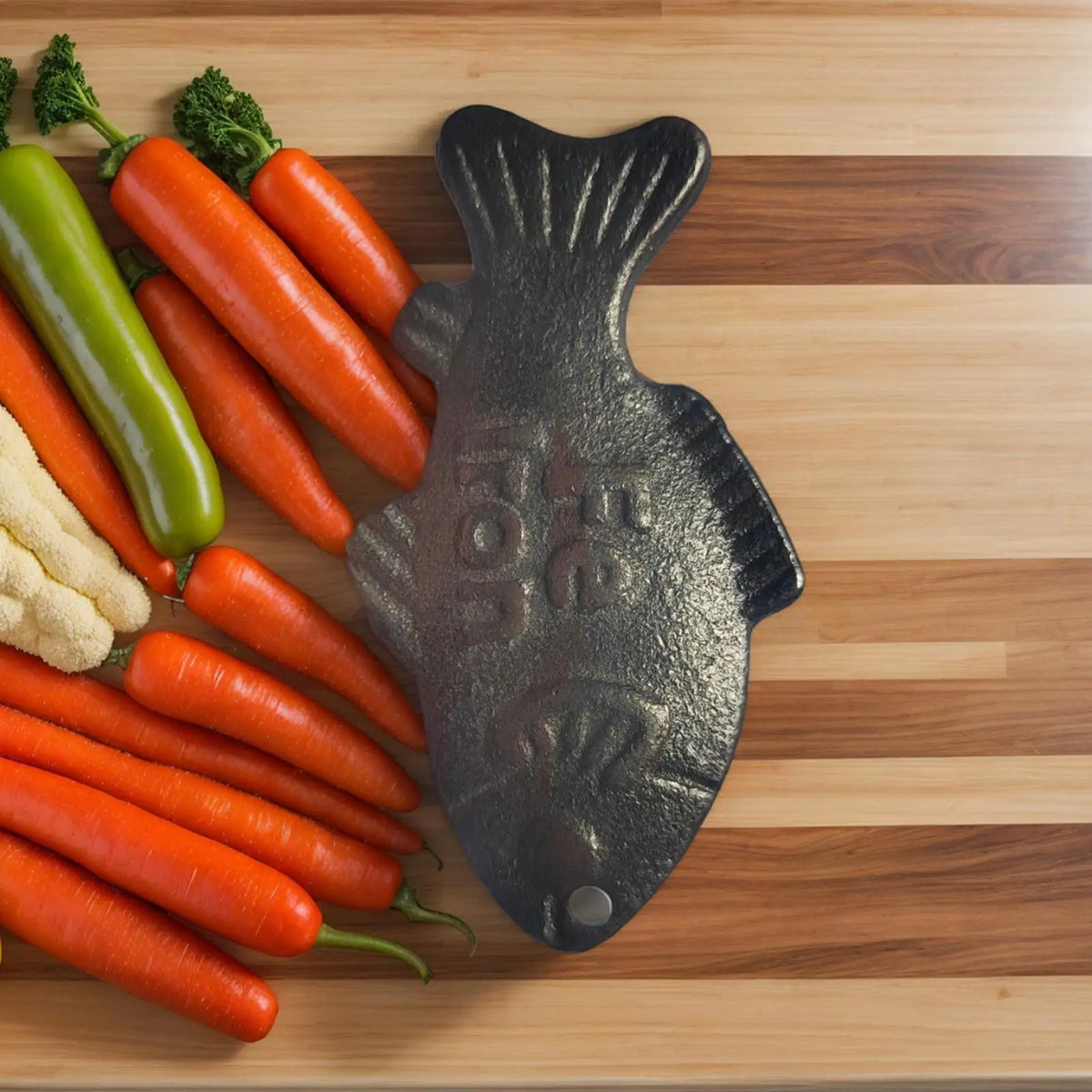 A set of reusable iron fish kitchen accessories featuring several carrots arranged on a wooden cutting board.