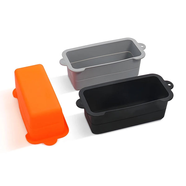Three silicone oil collection boxes in orange, gray, and black are displayed on a white background.
