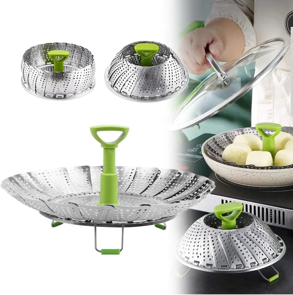 Stainless steel steamer basket with expandable lotus design and green handles shown in various angles