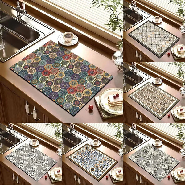 A collection of retro bohemian absorbent dish drying mats with non-slip rubber bases displayed in a wooden cabinet.