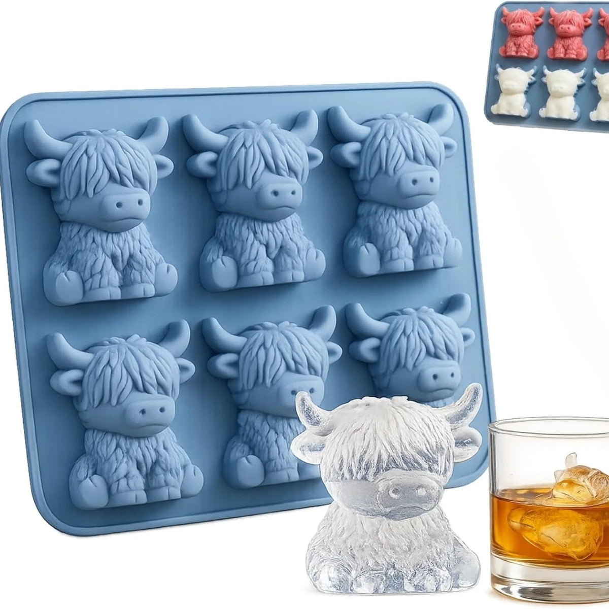 A set of reusable silicone ice cube molds in blue and gray for cocktails, shown alongside a glass of amber liquid.