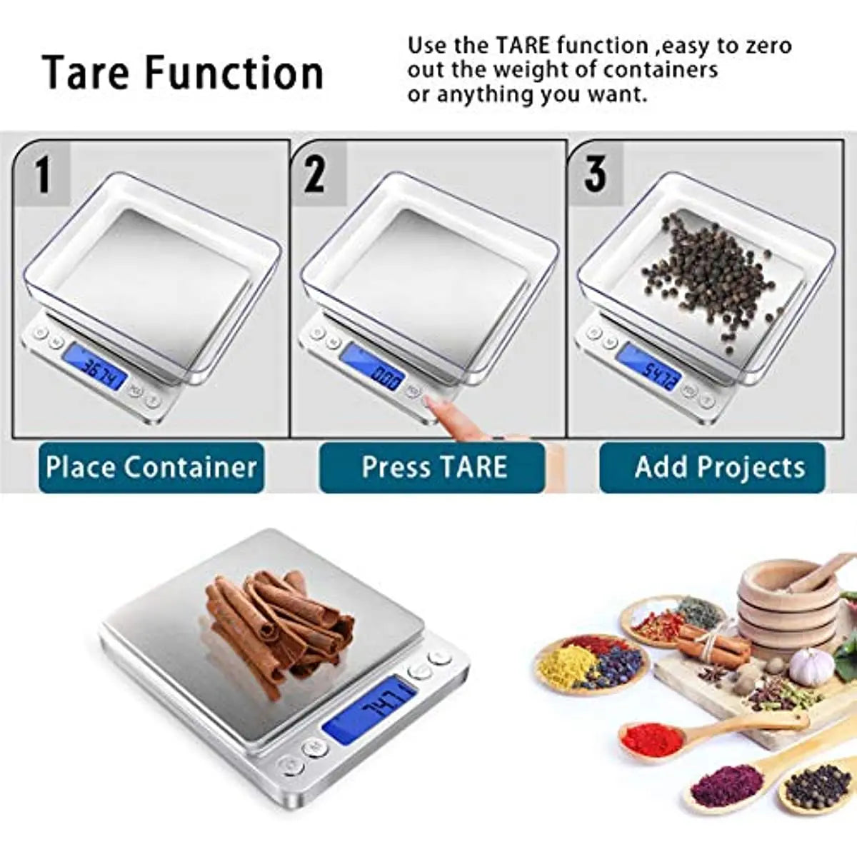 A precision digital kitchen scale demonstrating the tare function for weighing containers and ingredients.