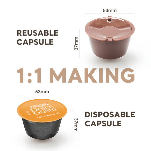 Comparison of a reusable and disposable coffee capsule for Dolce Gusto, showing 1:1 making ratio.