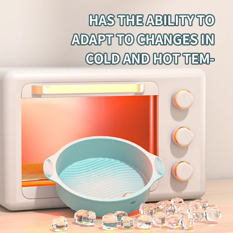 A reusable silicone baking mold set is shown next to an oven, with ice cubes in the foreground.