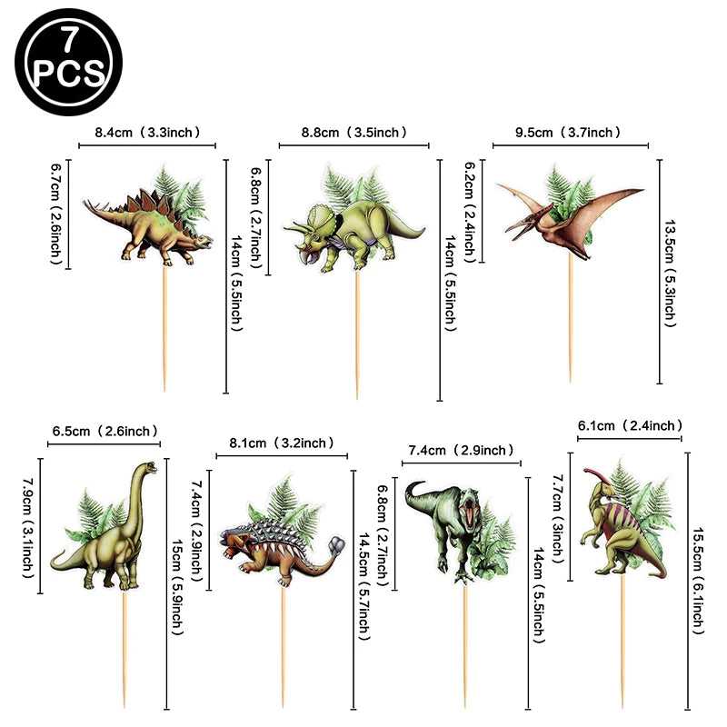 A set of seven dinosaur-themed cupcake toppers featuring various dinosaur species and foliage.