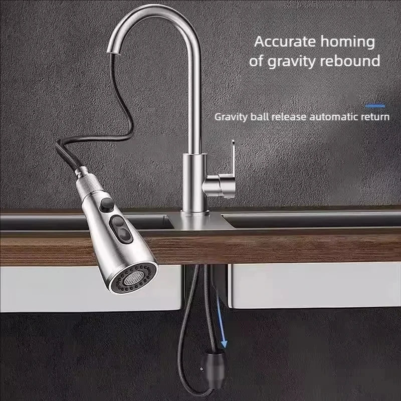 Robinet de cuisine en acier inoxydable 304 avec tuyau flexible et mécanisme de libération à bille gravitationnelle.