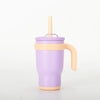 A purple and peach contrasting color stainless steel straw tumbler with a lid.