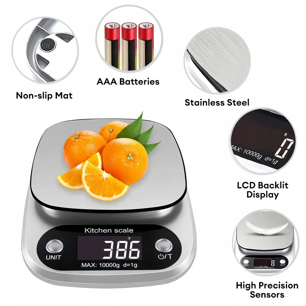 A digital kitchen scale with a stainless steel weighing platform, showing various components like AAA batteries and LCD displ