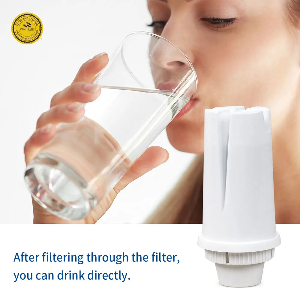 A hand pours water from a clear glass pitcher into a white replacement water filter dispenser.