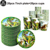 A set of 40 dinosaur themed plates and 20 cups are shown in green and brown colors.