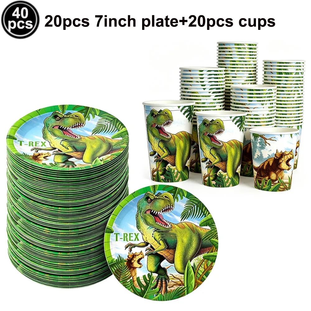 A set of 40 dinosaur themed plates and 20 cups are shown in green and brown colors.