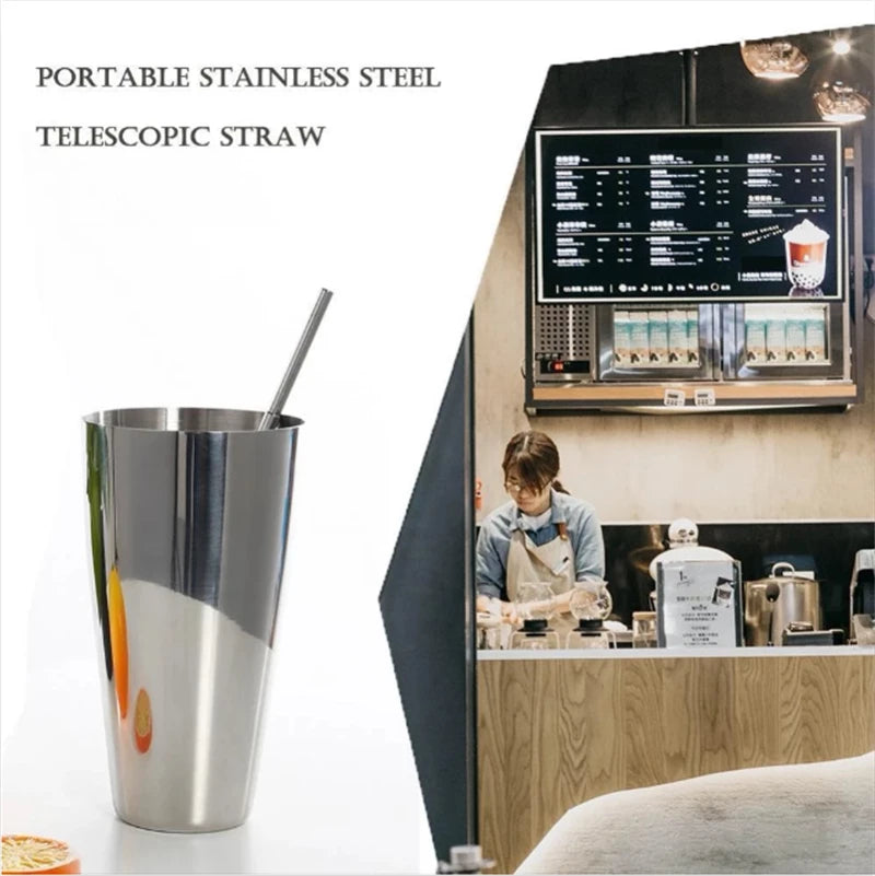 A portable stainless steel telescopic straw is shown next to a counter with various kitchen tools.