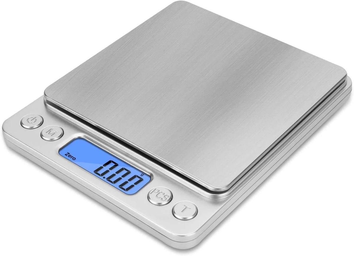 Juego de tazas medidoras de café de vidrio de precisión plateado con pantalla digital que muestra 0.00 ml.