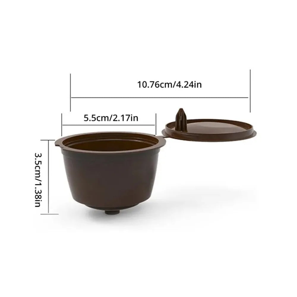 A brown reusable coffee capsule set with a cup and lid shown next to dimension lines.