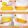 A yellow round ice cube tray demonstrating how to fill, squeeze excess water, and twist to release ice cubes.