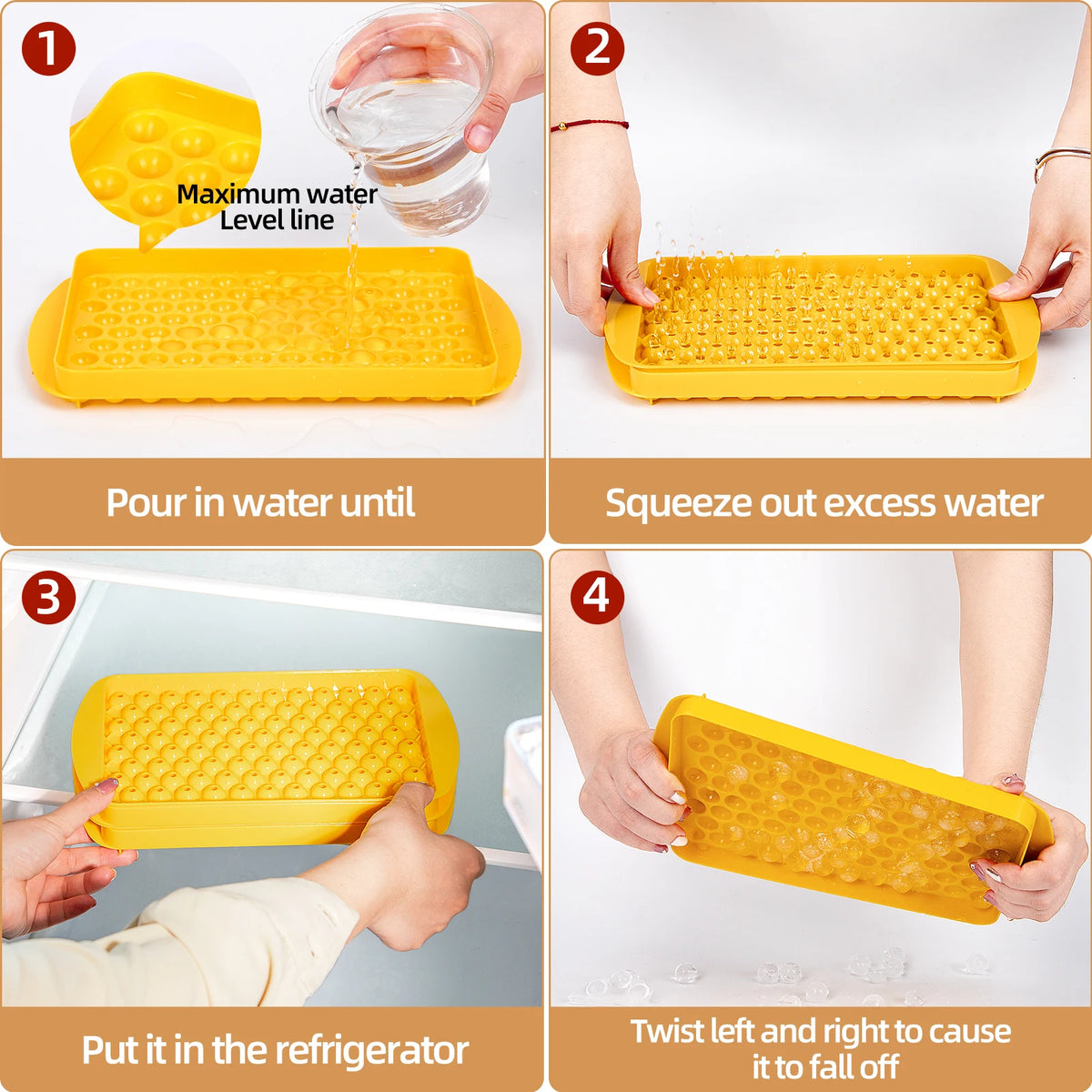 A yellow round ice cube tray demonstrating how to fill, squeeze excess water, and twist to release ice cubes.