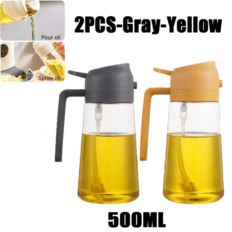 Two 500ml gray and yellow dual-function kitchen oil spray bottles shown with oil inside.
