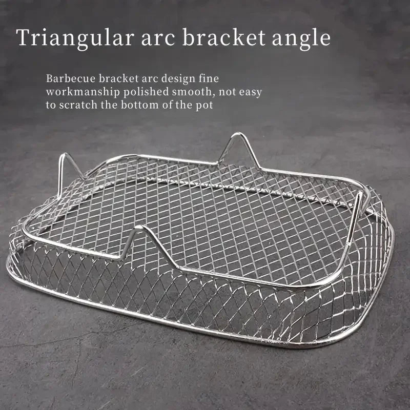 A triangular arc bracket grill rack made of stainless steel with a fine mesh design.