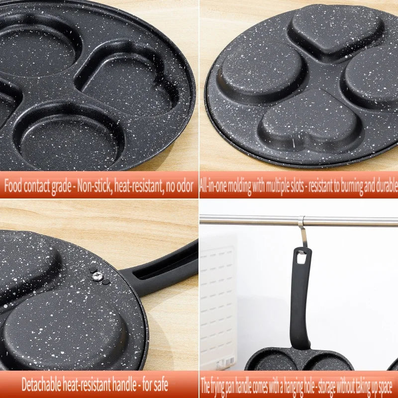A black non-stick egg cooker with multiple molds and a detachable heat-resistant handle.