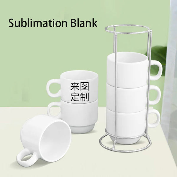 Set von vier weißen Keramikkaffeetassen mit Metallständer für Sublimationsdruck