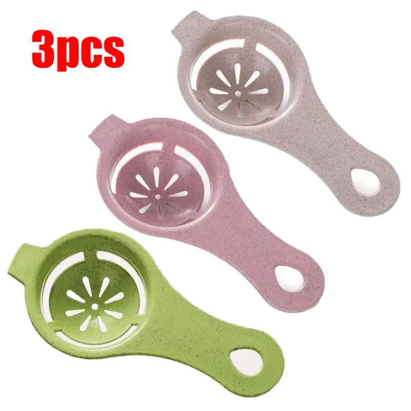 A set of three silicone egg white and yolk separators in light purple, pink, and lime green colors.