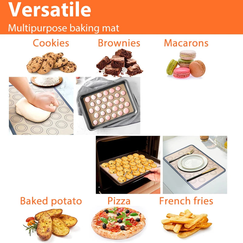 Versatile multipurpose baking mat used for cooking cookies, brownies, macarons, baked potato, pizza, and french fries.