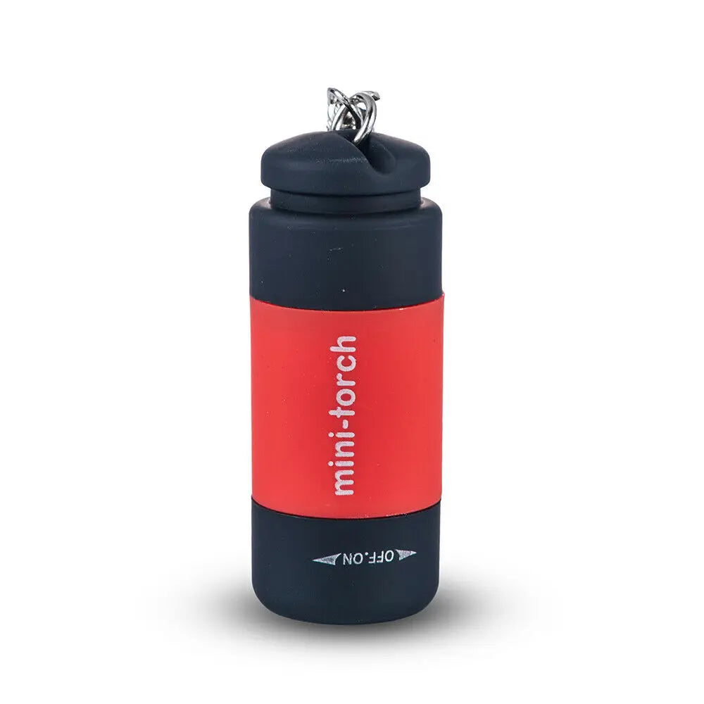 A black and red mini-torch flashlight keychain with a silver clip.
