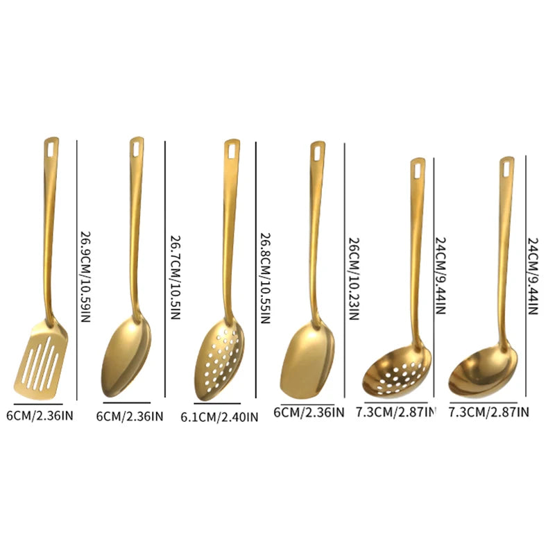 A set of golden stainless steel soup spoons and colanders displayed vertically.