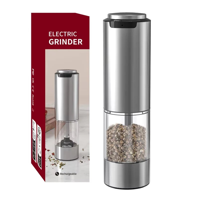 A silver automatic rechargeable salt and pepper grinder set with a clear viewing window.