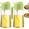 A pair of light green oil sprayer bottles with spouts, shown next to food items.