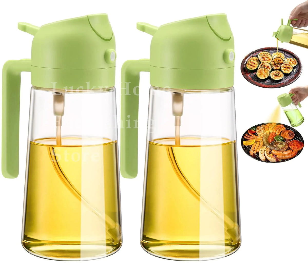 A pair of light green oil sprayer bottles with spouts, shown next to food items.