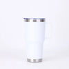 A white double-wall stainless steel travel tumbler with a clear lid and a silver finish.