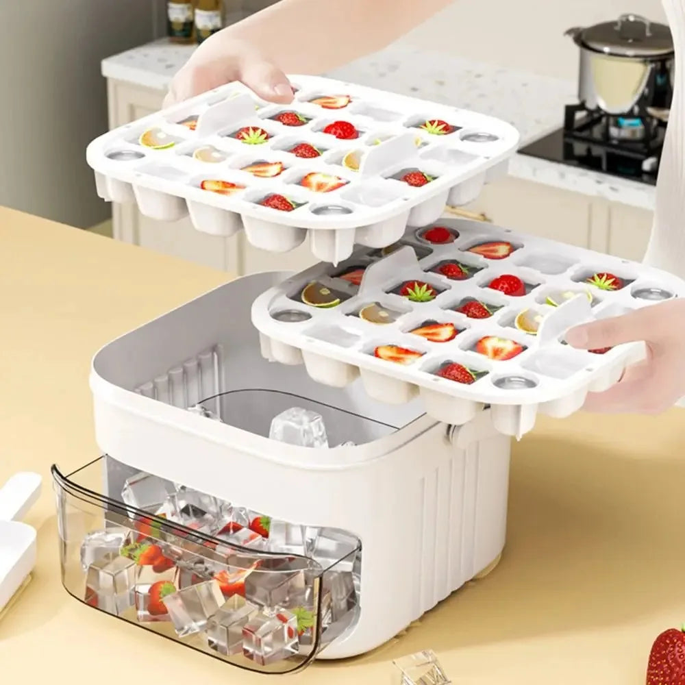A hand is holding a white large capacity refrigerator ice maker with an easy-press lid and a tray of ice cubes.