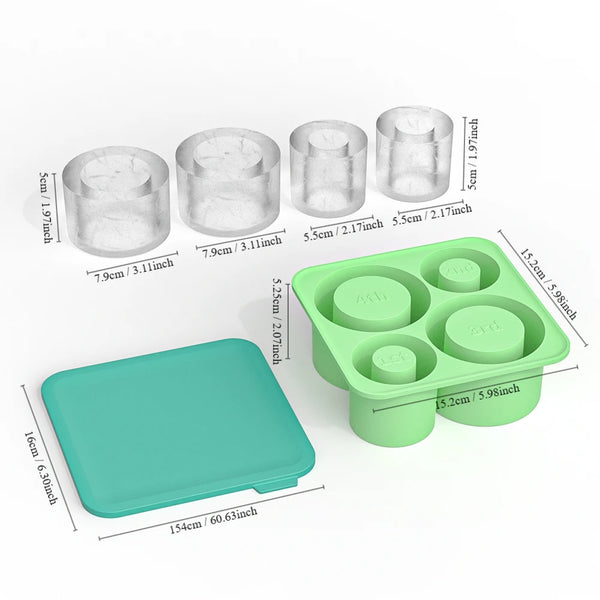A silicone ice cube tray with a lid and a matching green silicone base is shown alongside various sized cylinder molds.